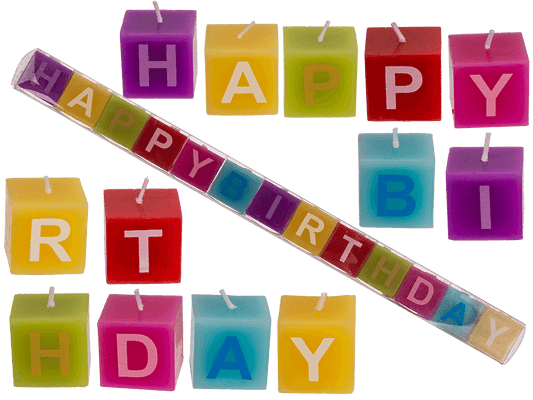 Multi coloured square candles with letters,