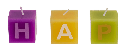 Multi coloured square candles with letters,