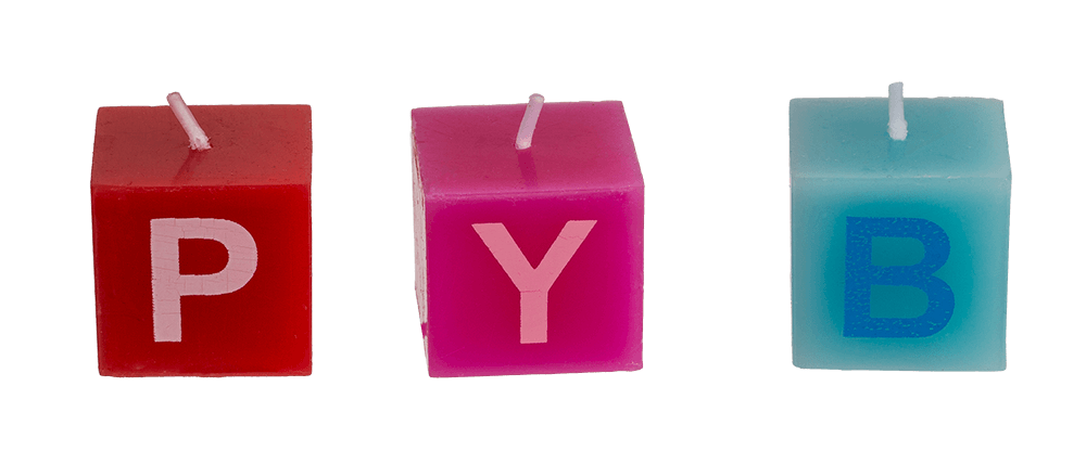 Multi coloured square candles with letters,