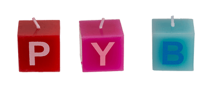 Multi coloured square candles with letters,