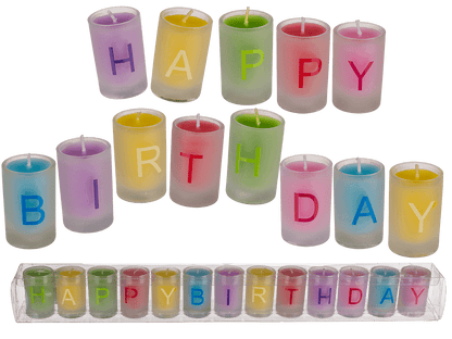 Coloured candles in glass, Happy Birthday,