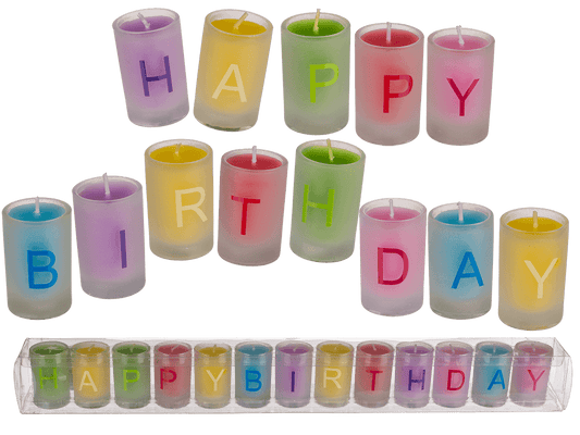 Coloured candles in glass, Happy Birthday,