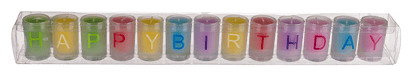 Coloured candles in glass, Happy Birthday,