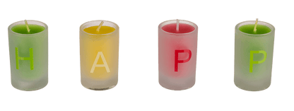 Coloured candles in glass, Happy Birthday,