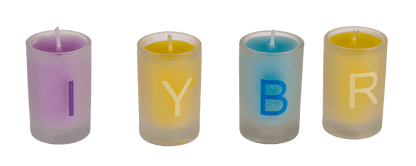 Coloured candles in glass, Happy Birthday,