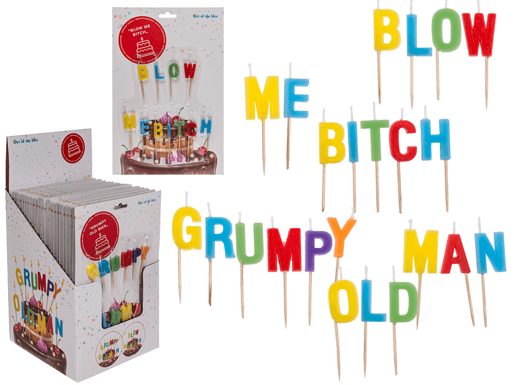 Birthday candle, "Blow me Bitch"/"Grumpy old man",