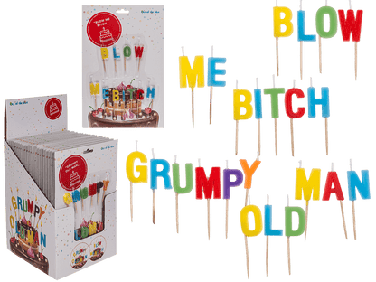 Birthday candle, "Blow me Bitch"/"Grumpy old man",