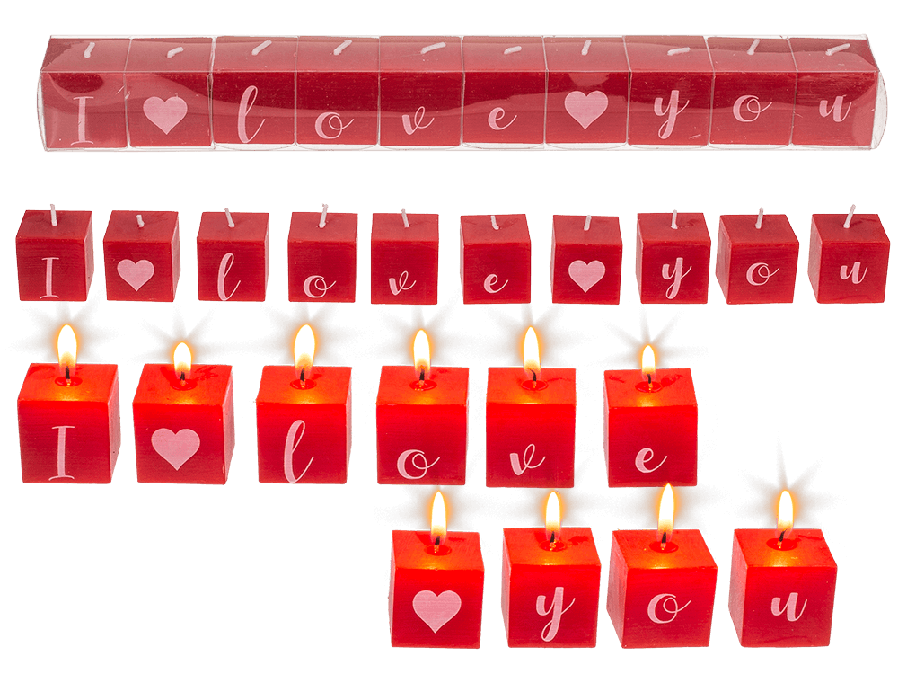 Square candles with letters, I kove you,
