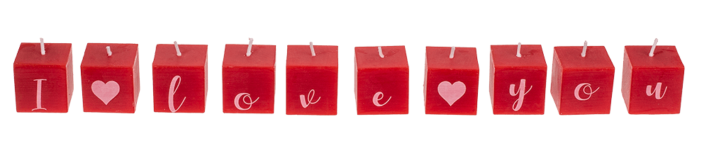 Square candles with letters, I kove you,