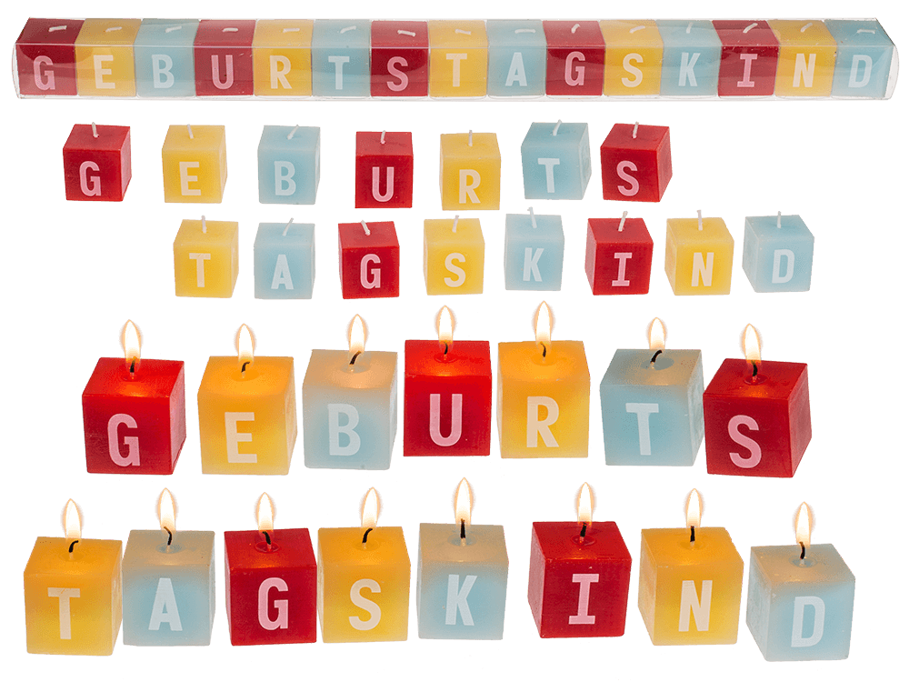 Square candles with letters, Geburtstagskind,