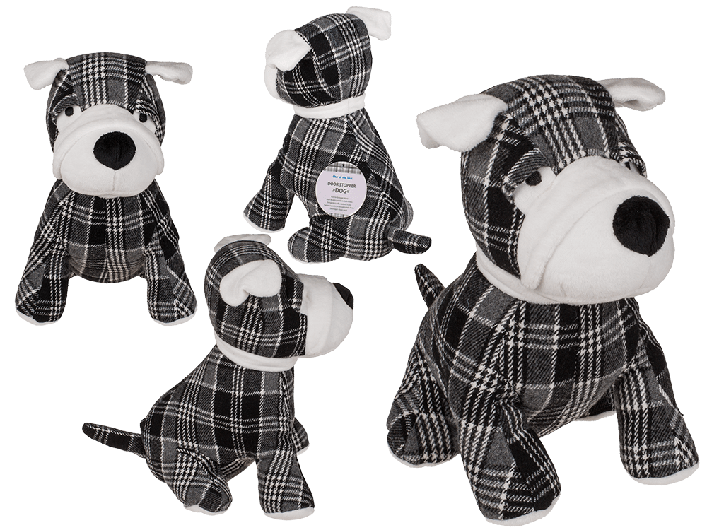 Black/grey/white checkered door stopper, dog,