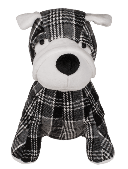 Black/grey/white checkered door stopper, dog,