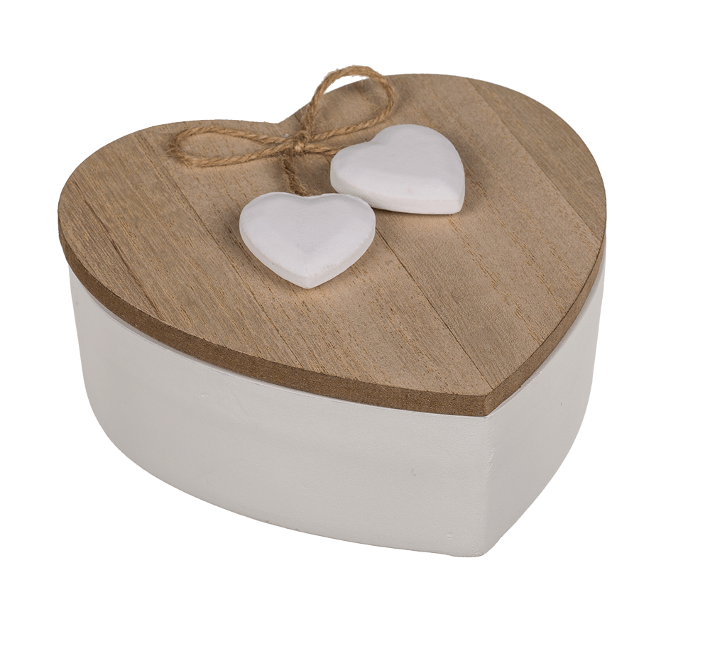 White heart shaped wooden box with wooden