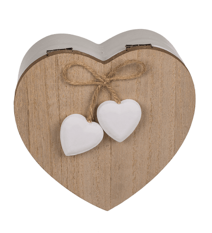 White heart shaped wooden box with wooden