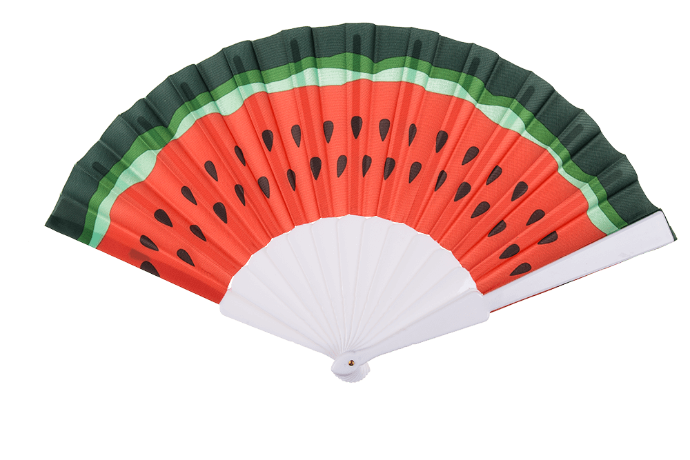 Plastic fan, fruits,