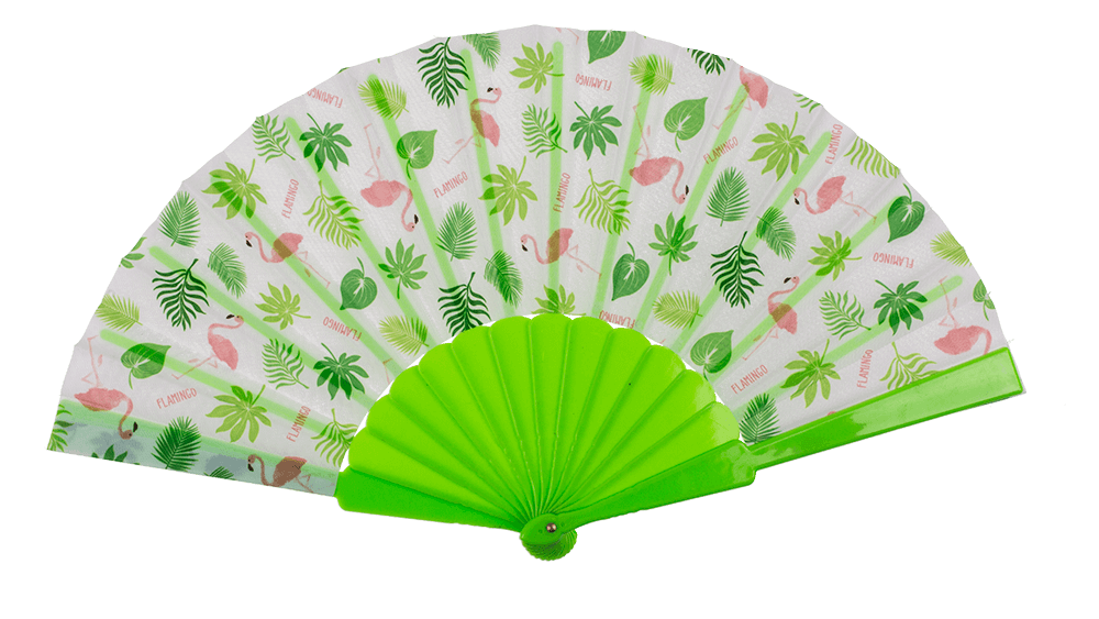 Plastic fan, flamingos,