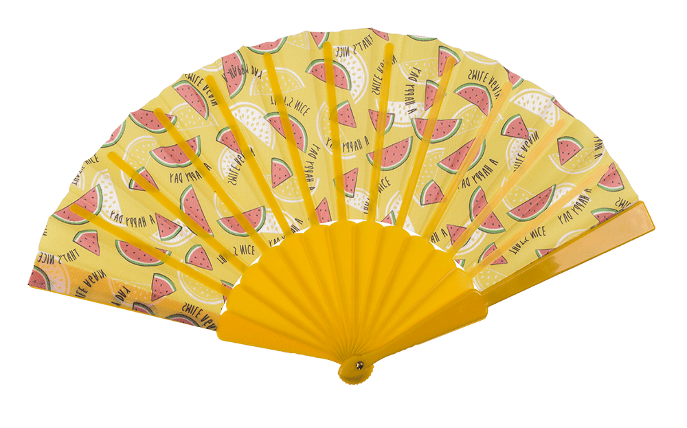 Plastic fan, fruits,