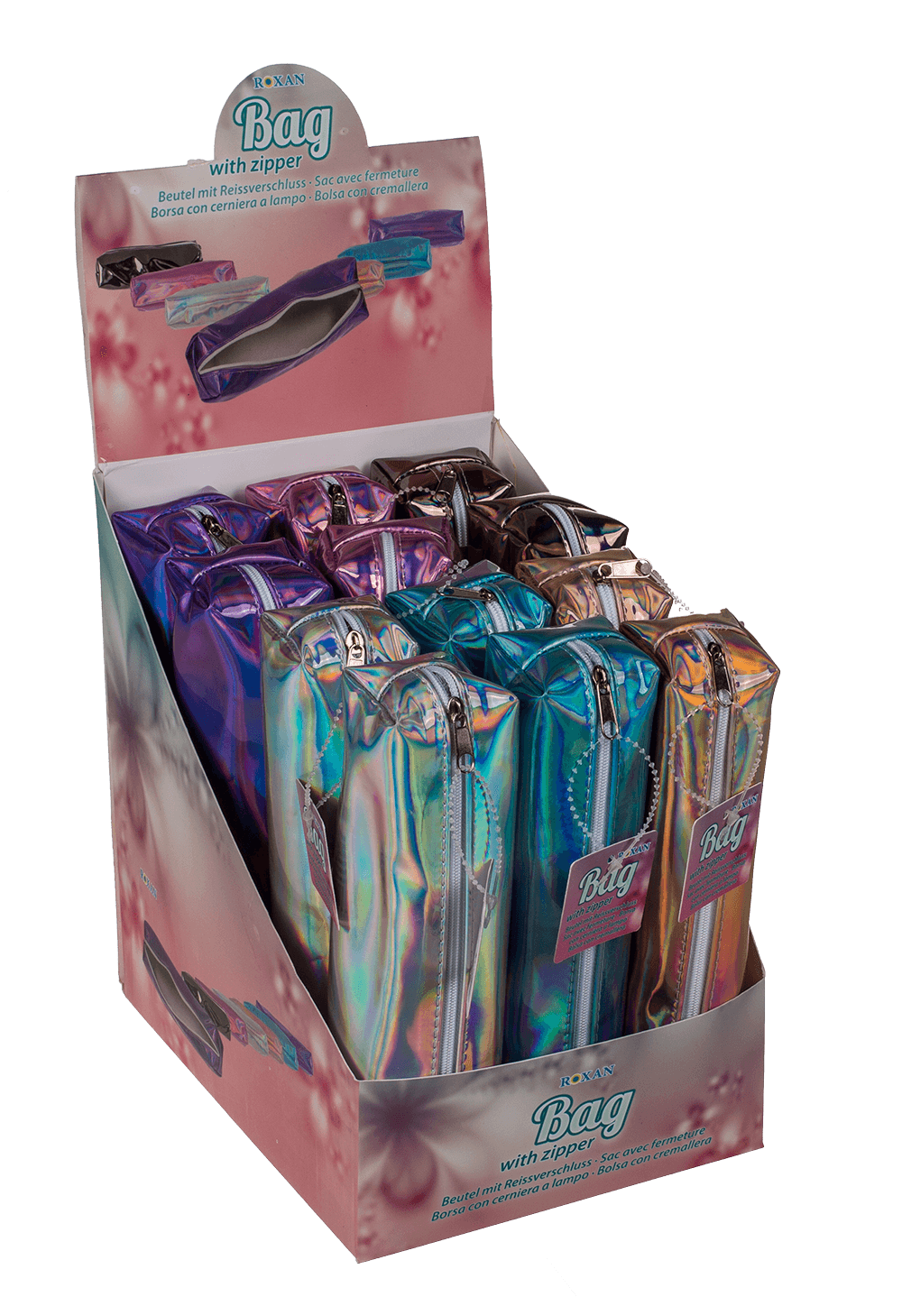 PU bag with zipper, metallic finsih,