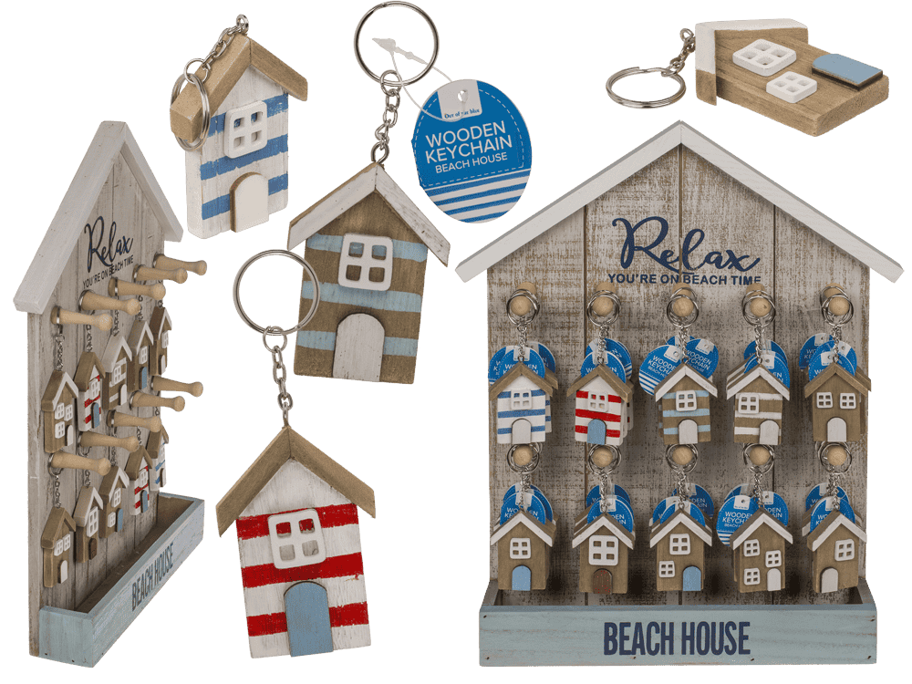 Metal key chain, Wooden beach house,