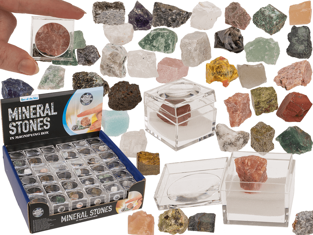 Mineral stones, in magnifying box with booklet,
