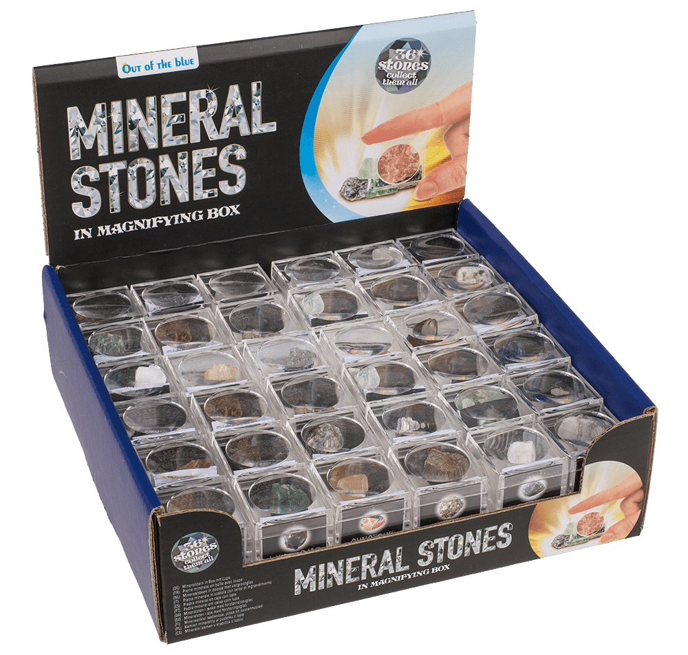 Mineral stones, in magnifying box with booklet,