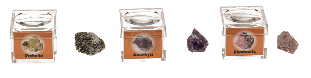 Mineral stones, in magnifying box with booklet,