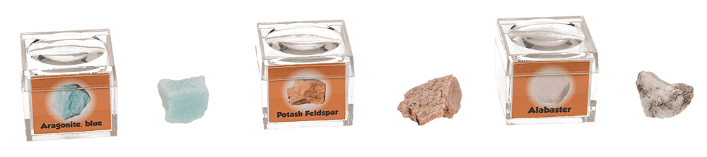 Mineral stones, in magnifying box with booklet,