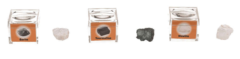 Mineral stones, in magnifying box with booklet,
