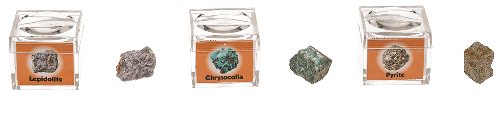 Mineral stones, in magnifying box with booklet,