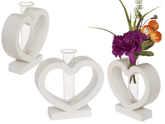 White MDF heart with glass tube, 15 x 12 cm