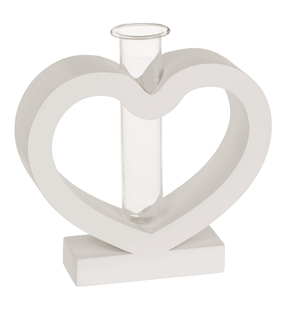 White MDF heart with glass tube, 15 x 12 cm
