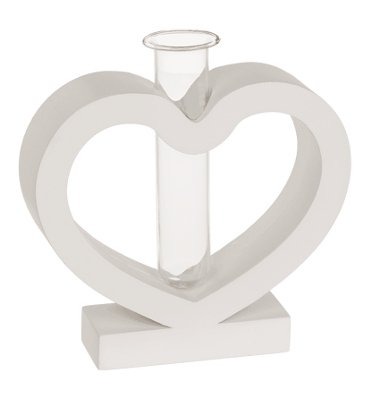 White MDF heart with glass tube, 15 x 12 cm