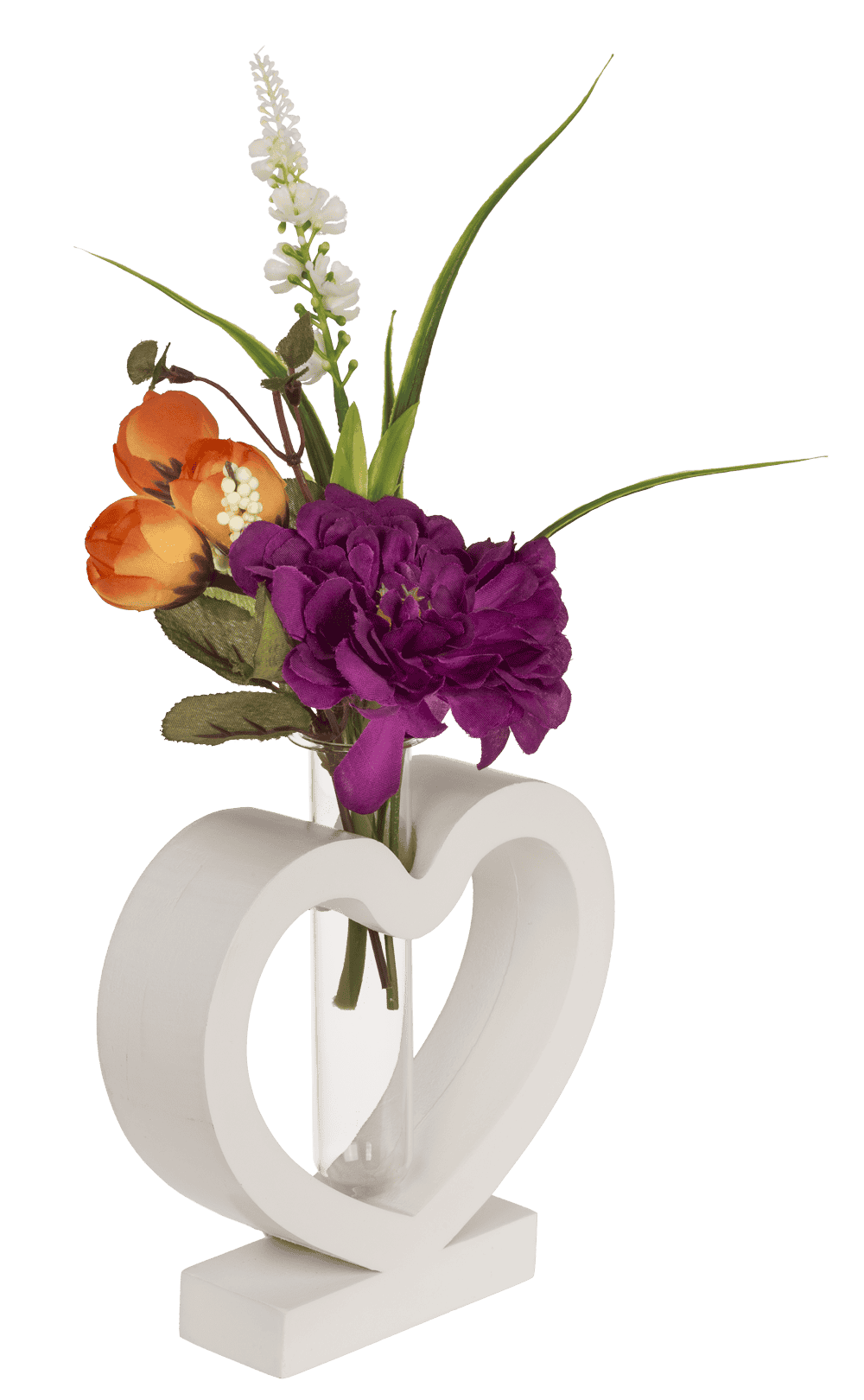 White MDF heart with glass tube, 15 x 12 cm