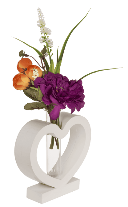 White MDF heart with glass tube, 15 x 12 cm