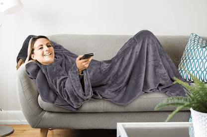 Grey comfort blanket with sleeves & pockets,