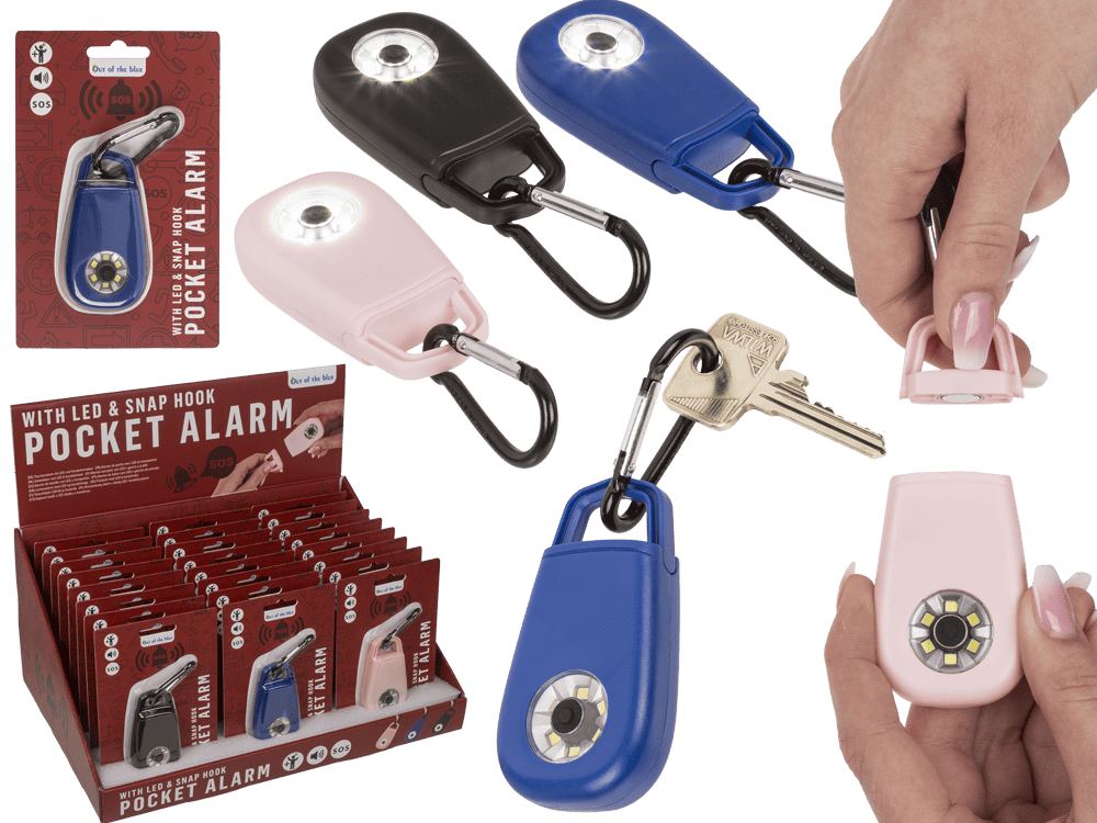 Pocket alarm with LED & snap hook,