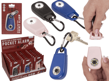 Pocket alarm with LED & snap hook,