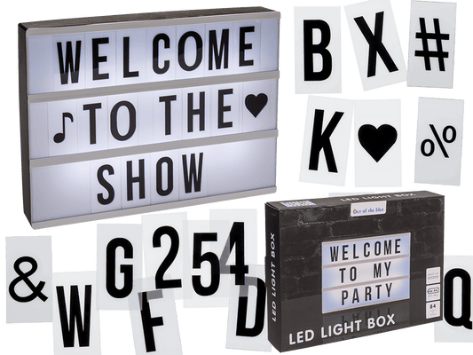 Illuminated plastic display board with 84 letters,