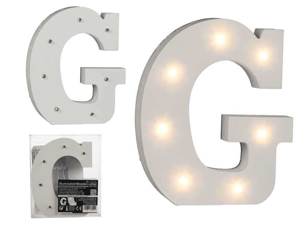 Illuminated wooden letter G, with 7 LED,