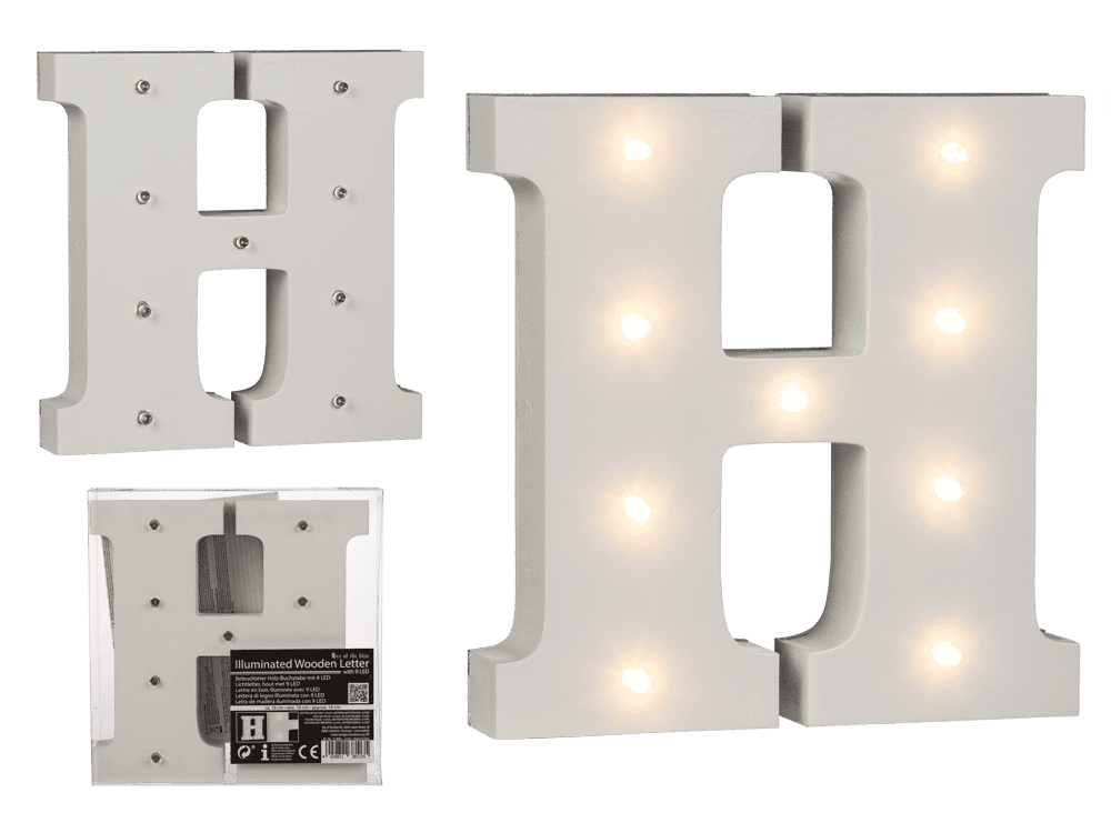 Illuminated wooden letter H, with 9 LED,