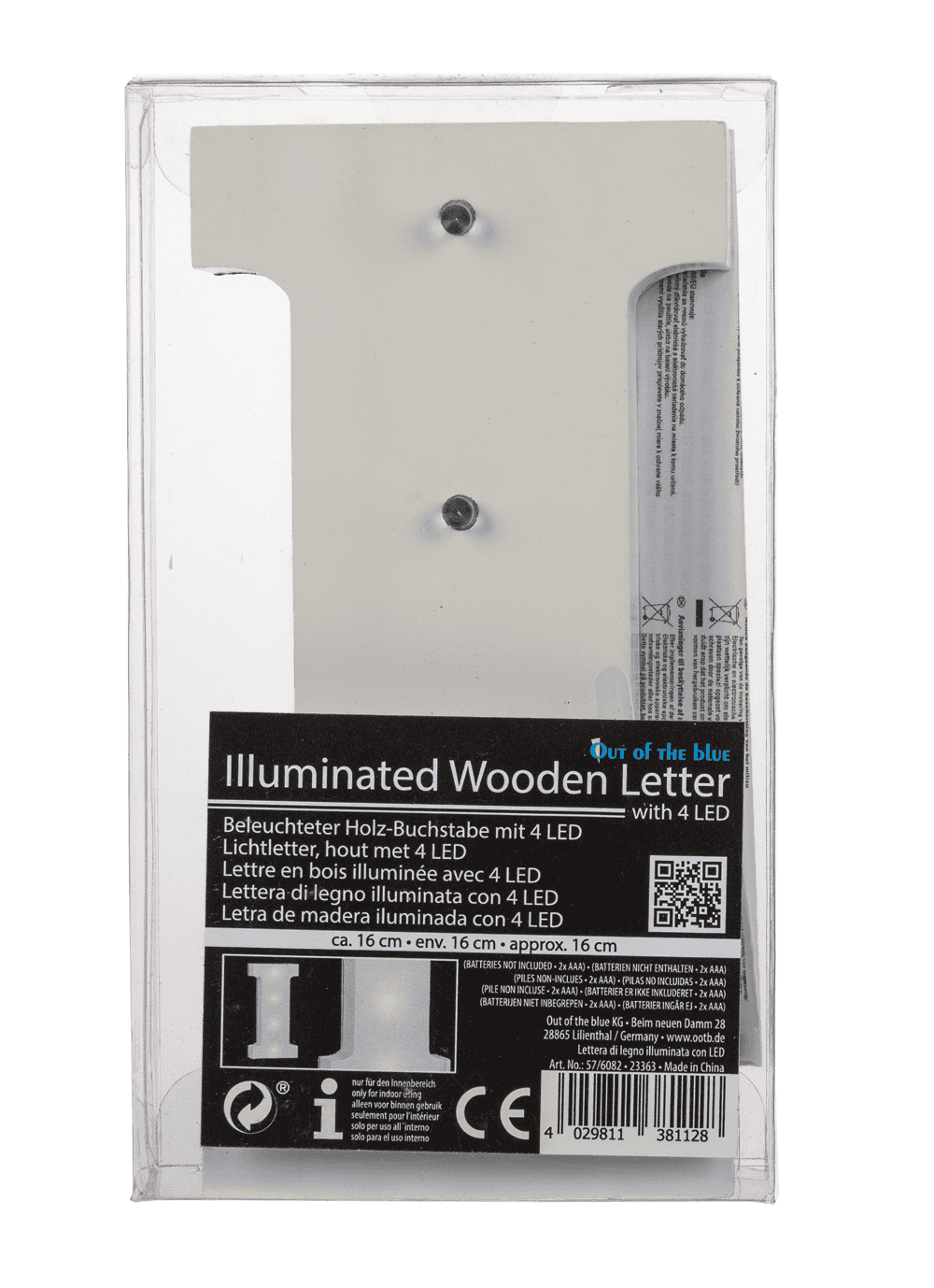 Illuminated wooden letter I, with 4 LED,