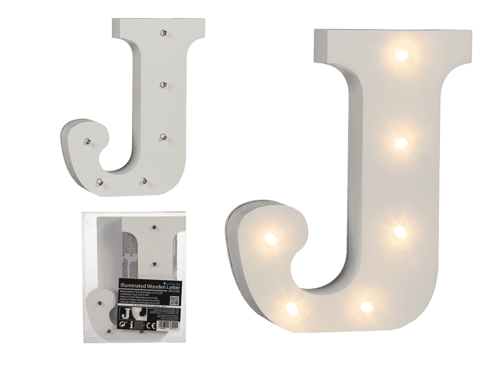 Illuminated wooden letter J, with 6 LED,