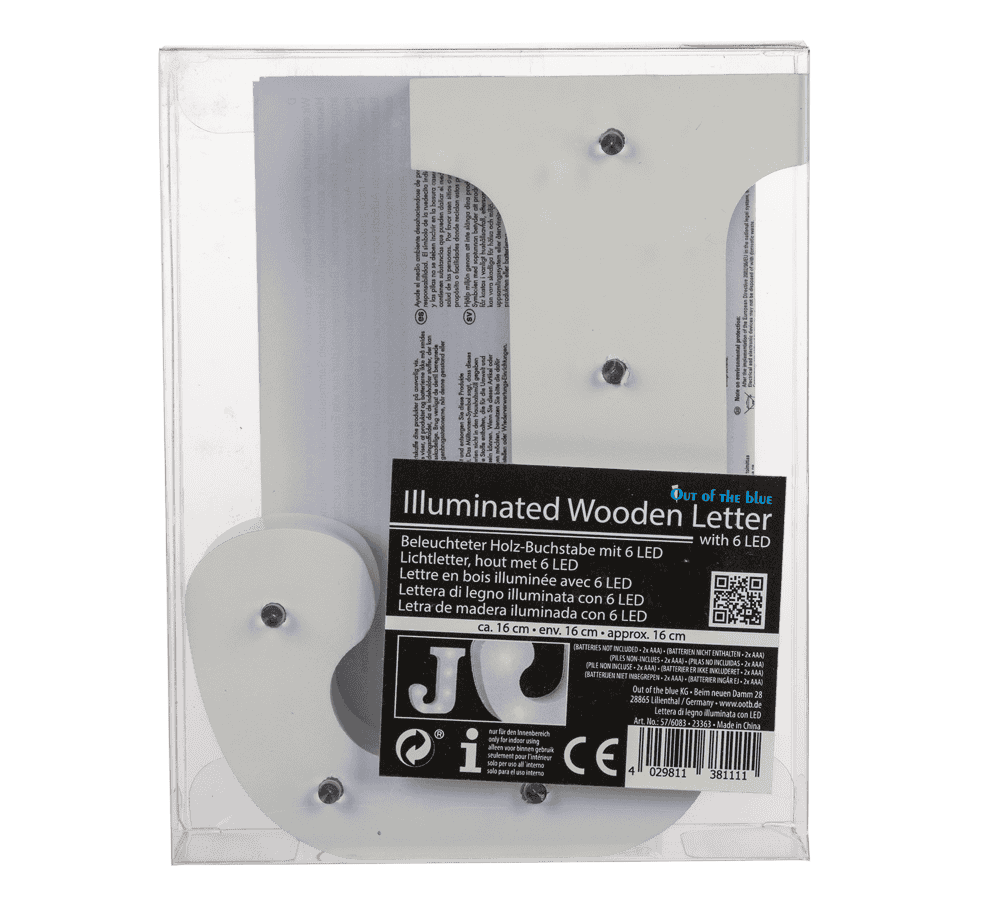 Illuminated wooden letter J, with 6 LED,