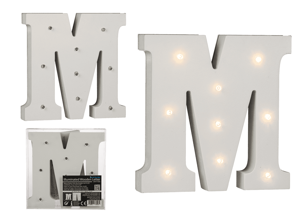 Illuminated wooden letter M, with 9 LED,