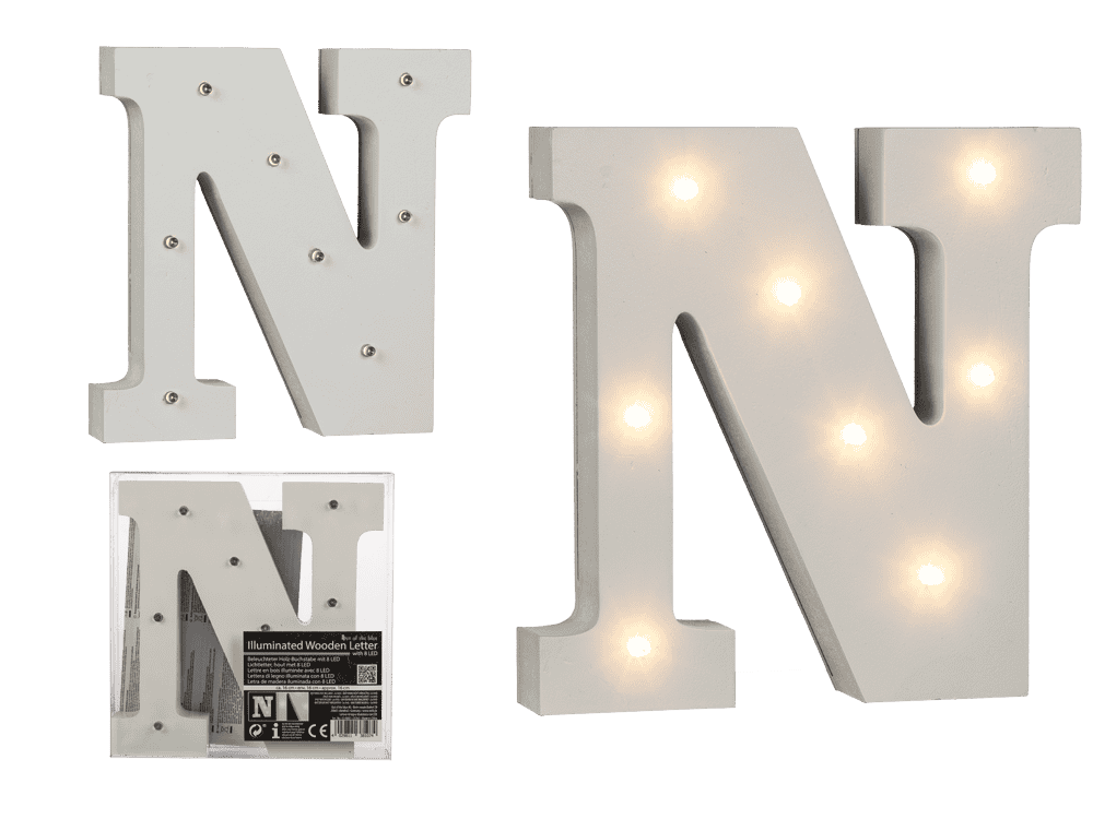 Illuminated wooden letter N, with 8 LED,