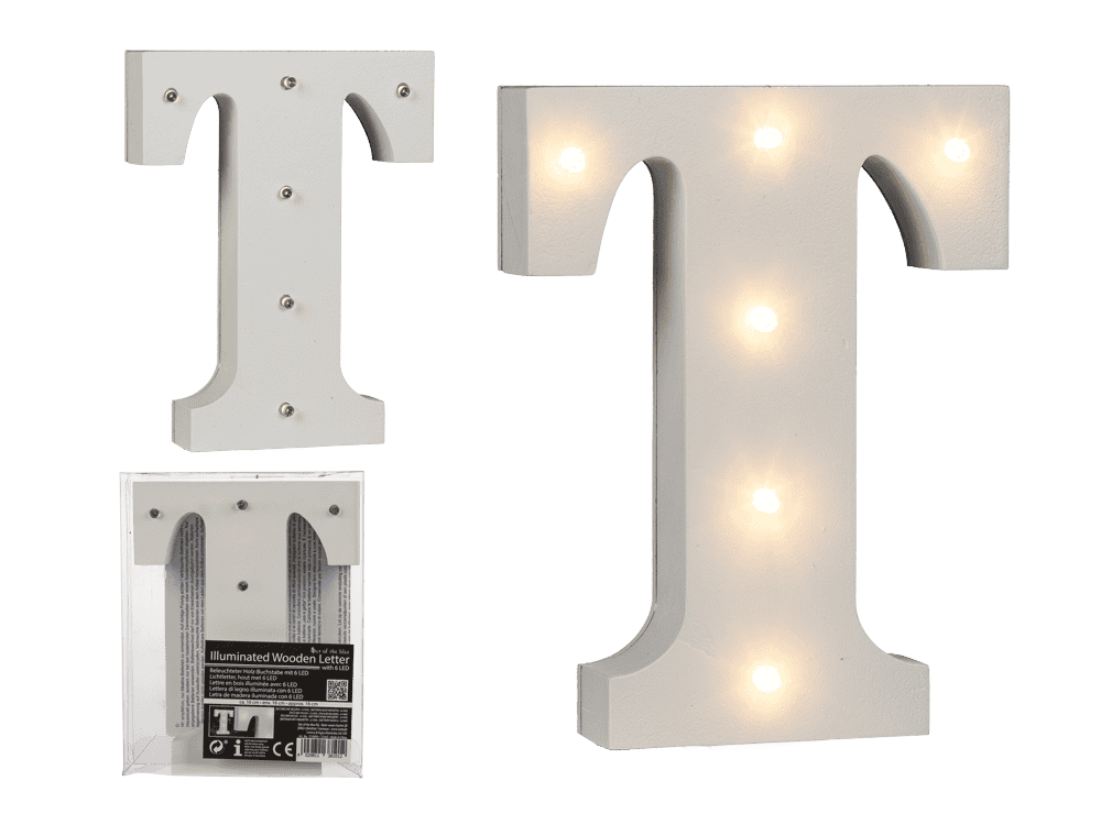 Illuminated wooden letter T, with 6 LED,