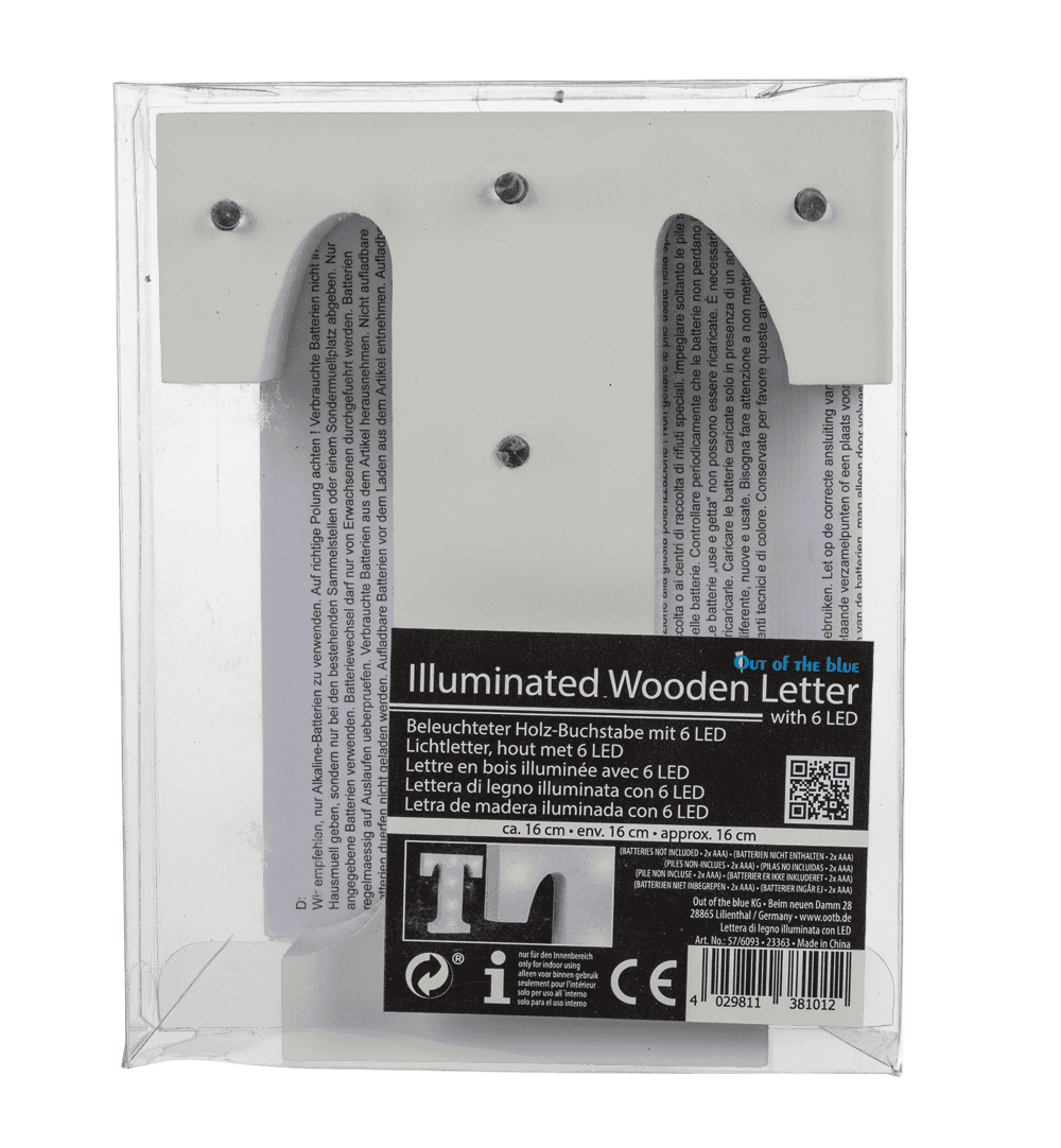 Illuminated wooden letter T, with 6 LED,