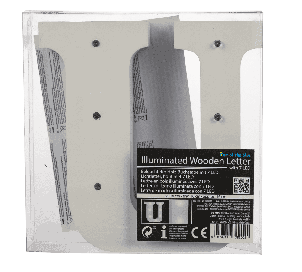 Illuminated wooden letter U, with 7 LED,