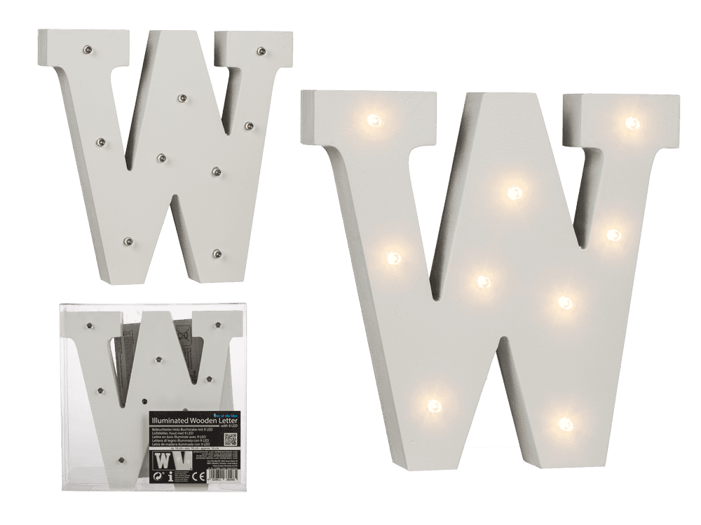 Illuminated wooden letter W, with 9 LED,