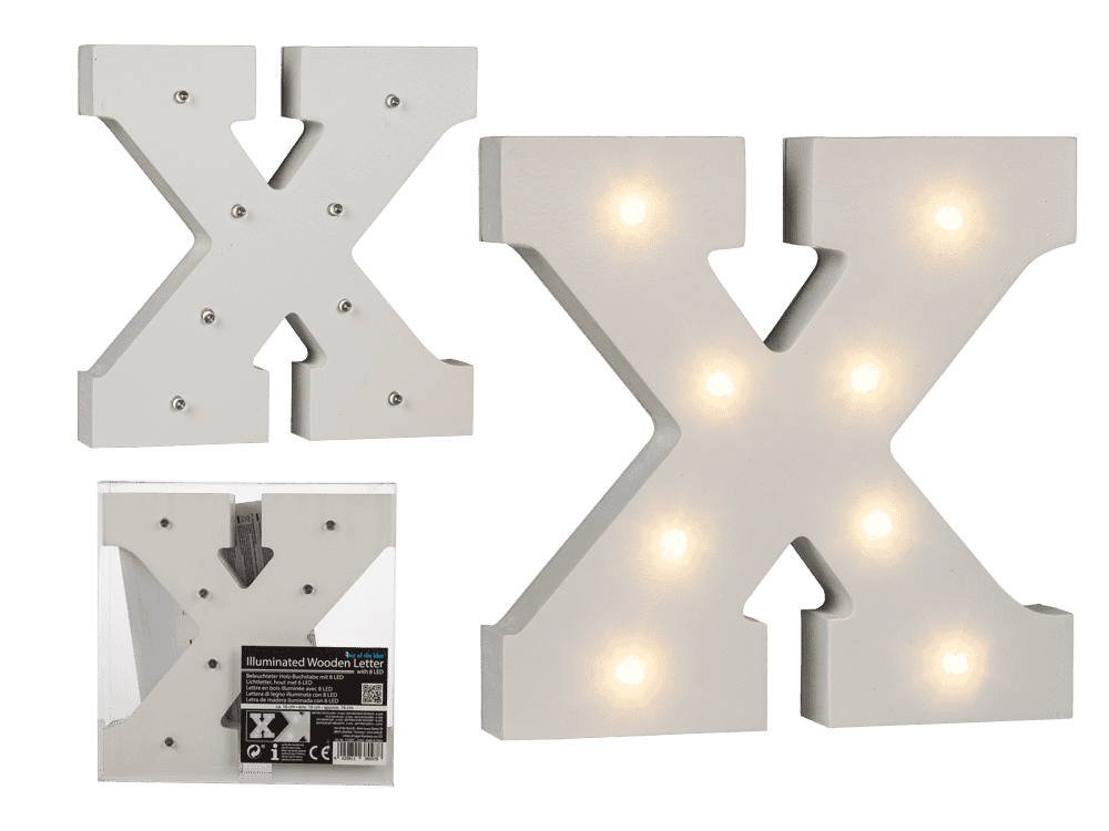 Illuminated wooden letter X, with 8 LED,